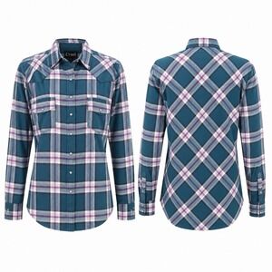 Cruel Womens M Plaid Western Pearl Snap Shirt Teal Purple CTW7024005 NWT